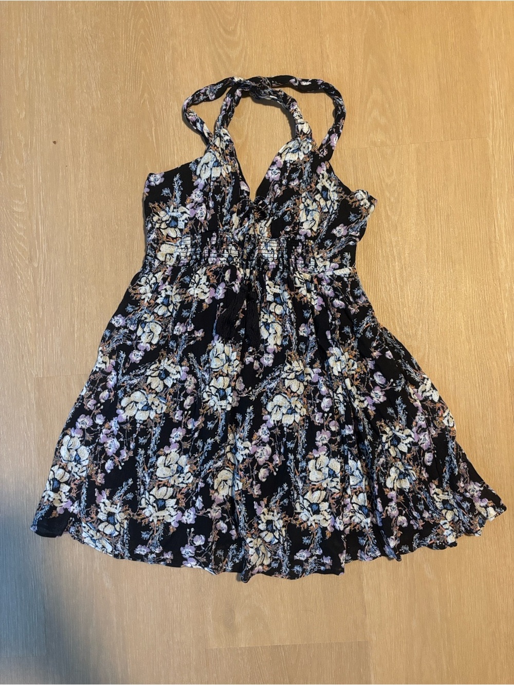 Free People Washed Ashore Black Purple Floral Mini Dress size Small